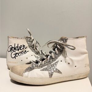 Golden Goose White and Silver Glitter Sneakers